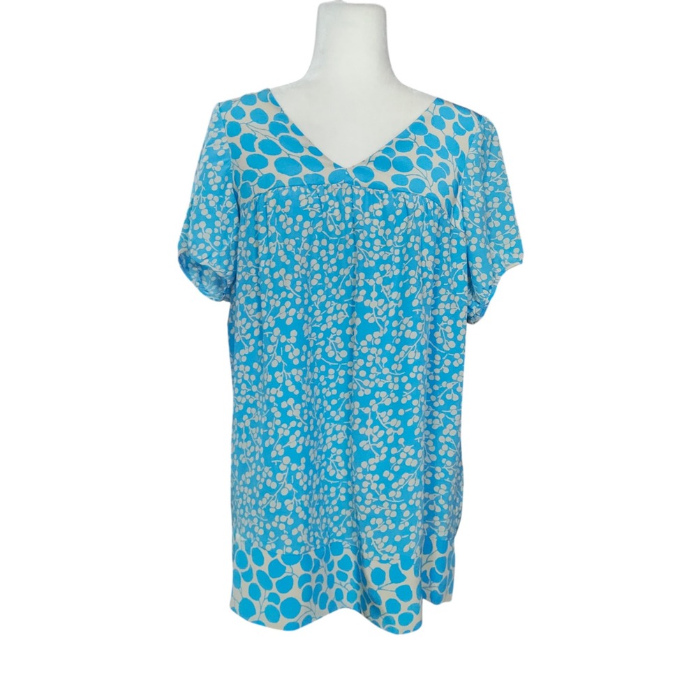 Simply Chloe Dao Blue Cream Top Silk Botanical Dot‎ Print Empire Waist Tunic - S